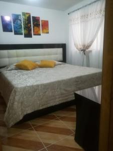 Ven a disfrutar de una maravillosa estadía في سابانيتا: سرير مع وسادتين صفراء في غرفة النوم