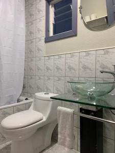 a bathroom with a toilet and a glass sink at Hostel Chaman in Osorno