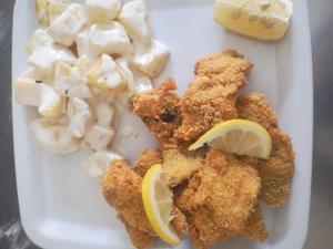 a white plate with chicken and vegetables and lemon slices at Floarea Reginei in Sâmbăta de Sus +25 photos