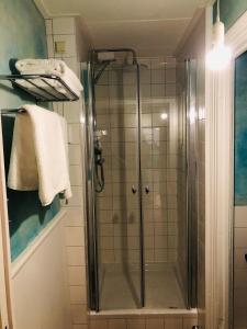 een douche met een glazen deur in de badkamer bij Appartement 'de Stadstuin' in Harderwijk