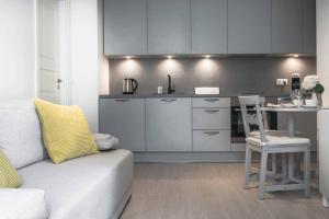 派尔努Kalamehe Modern Apartment 1 near City center的客厅里有一张沙发和一个厨房