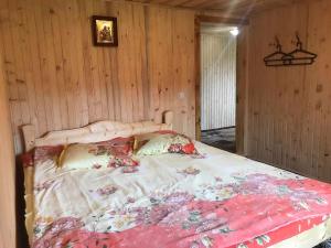een slaapkamer met een bed in een kamer met houten wanden bij Дімона in Mykulychyn