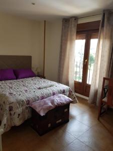 a bedroom with a bed with purple sheets and a window at La Oliva in Oreña