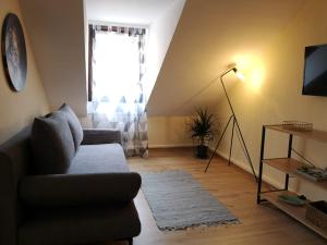 a living room with a couch and a window at Kamus in Baden-Baden