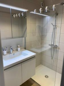 a white bathroom with a shower and a sink at Vitamine Zee in Ostend
