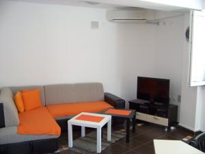 a living room with a couch and a tv at Tedi & Kiki Apartment in Ohrid