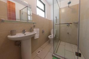 a bathroom with a sink and a toilet and a shower at Erica Residences - Riverside in Nairobi