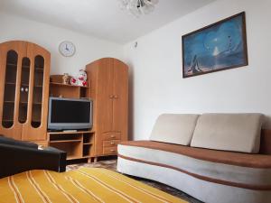 a living room with a bed and a tv at POKÓJ POMORSKA in Elblag