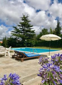 a swimming pool with a table and an umbrella at Quinta dos Capuchos Casa da Adega in Alcobaça +5 photos