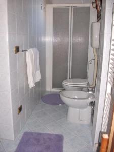 La salle de bains est pourvue d'une douche et de toilettes. dans l'établissement APPARTAMENTO AURORA Val di Sogno, à Malcesine