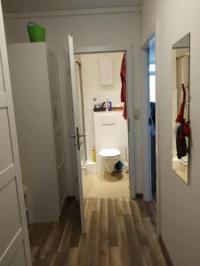 a small bathroom with a toilet and a hallway at Brockenblick in Altenau
