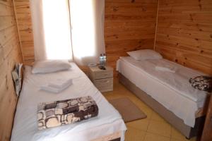 two beds in a room with wooden walls at Nester House in Svityazʼ