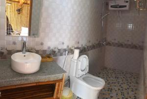 a bathroom with a sink and a toilet and a mirror at Tam Coc Hello Homestay in Ninh Binh