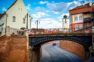 a bridge over a street with flowers on it at Apartment Queen Bridge in Sibiu