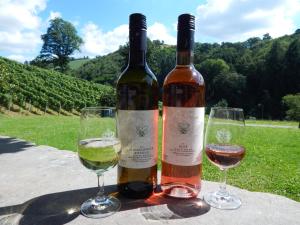 two bottles of wine and two glasses on a table at Wein Lodge Durbach - Gruppenhaus Weingut Neveu in Durbach