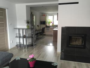 a living room with a fireplace and a kitchen at City Centre Apartment Liptovsky Mikulas in Liptovský Mikuláš