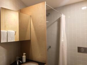 een badkamer met een douche, een wastafel en een toilet bij SOBRE RIBAS 2|12 in Coimbra