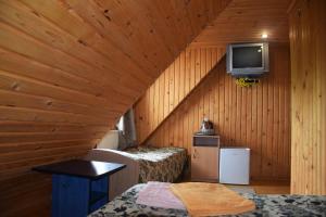 Zimmer mit 2 Betten und einem TV an der Wand in der Unterkunft Kolo Druziv in Slawske