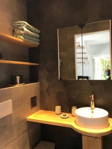 a bathroom with a sink and a mirror at Studio Het Kommertjeshof in Burgh Haamstede