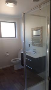 y baño con aseo, lavabo y ducha. en Marlborough Sounds Accommodation, en Havelock