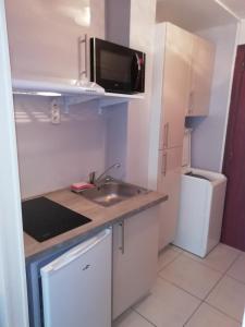 a small kitchen with a sink and a microwave at Agréable Studio Lumineux in Aix-les-Bains