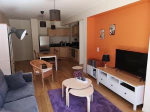 salon z kanapą, telewizorem i stołem w obiekcie A5 - Résidence La Montille w mieście Mont-Dore