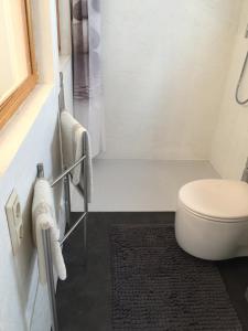 łazienka z toaletą i prysznicem z ręcznikami w obiekcie Buddha Lounge w mieście Faak am See