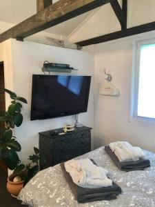 Zimmer mit einem TV und einem Bett mit Handtüchern. in der Unterkunft Buddha Lounge in Faak am See