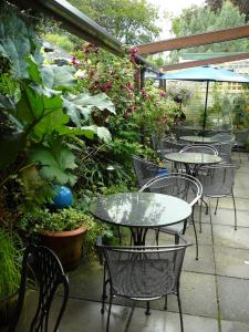 a patio area with tables, chairs, and plants at The Globe Inn in Lostwithiel