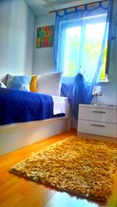 a bedroom with a bed with a window and a rug at Apartments Zunic in Trogir