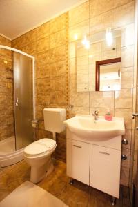 y baño con aseo, lavabo y ducha. en Apartments Baron, en Sveti Stefan