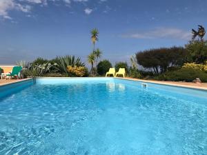 a large blue swimming pool with chairs and palm trees at Casal das Oliveiras in Setúbal