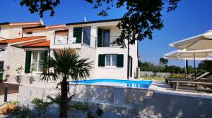 a villa with a swimming pool in front of a house at Villa Clara in Labinci