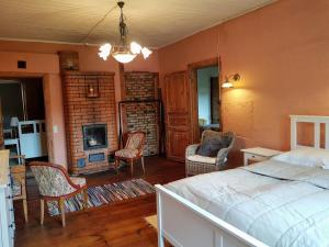哈普薩盧的住宿－Posti 22 külaliskorter，一间卧室配有一张床和椅子,以及一个壁炉