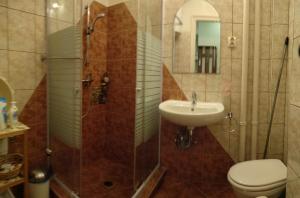 a bathroom with a shower and a toilet and a sink at Gyöngyi apartman in Budapest