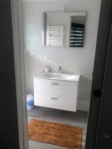 ein Badezimmer mit einem Waschbecken, einem Spiegel und einem Teppich in der Unterkunft duplex vue mer exceptionnelle in Porticcio