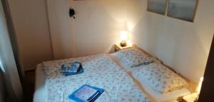 een slaapkamer met een bed met twee blauwe platen erop bij Fecske Home Zamárdi in Zamárdi