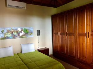 - une chambre avec un lit vert et une armoire dans l'établissement Casa Cueva de las Palomas 2, à Las Manchas