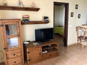a living room with a tv and a wooden entertainment center at Casa Cueva de las Palomas 2 in Las Manchas