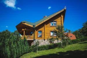 una casa de madera con un gran techo en una colina en Sadyba Ertash, en Vyshka