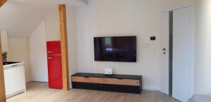 a living room with a television and a coffee table at Apartamenty przy Parku Szwedzkim in Szczawno-Zdrój