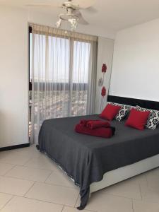 sypialnia z dużym łóżkiem z czerwonymi poduszkami w obiekcie View apartments in Gemelos XV w mieście Benidorm