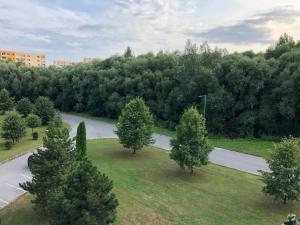 an aerial view of a street with trees and a road at Apartment Tekeľova 95m2 in Prešov