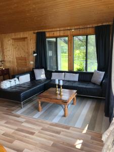 a living room with a black couch and a coffee table at Jaðar Holiday House in Tungufell