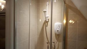 a shower stall with a hair dryer on the wall at Applecroft Bed and Breakfast in St Austell