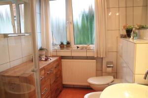 a bathroom with a toilet and a sink and a window at Ferienwohnungen & Apartments Schulte in Bad Salzuflen