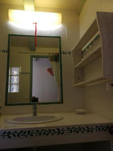a bathroom with a sink and a large mirror at La Genestière in Clermont-lʼHérault +23 photos
