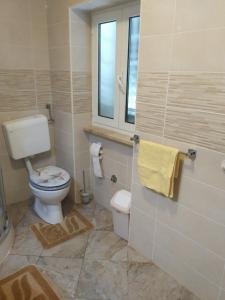 a bathroom with a toilet and a tub and a window at Apartman Manuela in Matulji