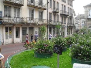 persone che camminano intorno a un giardino di fronte a un edificio di Appartements -2 Rue des Sybilles-La Plombinoise a Plombières-les-Bains