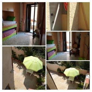 een collage van foto's van een kamer met een groene paraplu bij B&B is pranus a mari casa privata in Solanas